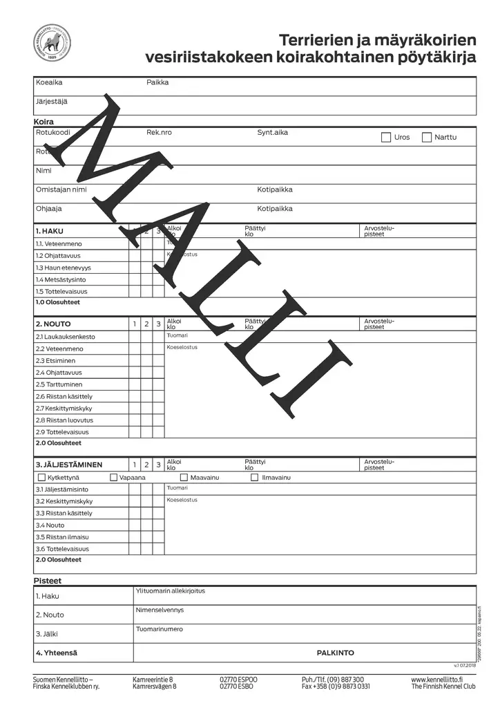 VERI koirakohtainen pöytäkirja. Terriereiden ja mäyräkoirien vesiriistakoe. - Metsästys - 405164 - 2