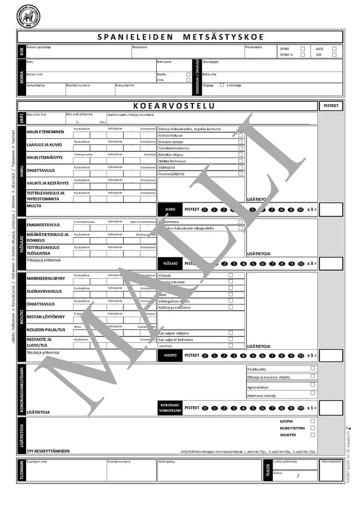 SPME metsästyskokeen pöytäkirja - Metsästys - 405155 - 2