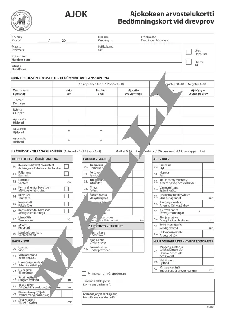 Ajokokeen arvostelukortti - Metsästys - 405108 - 1