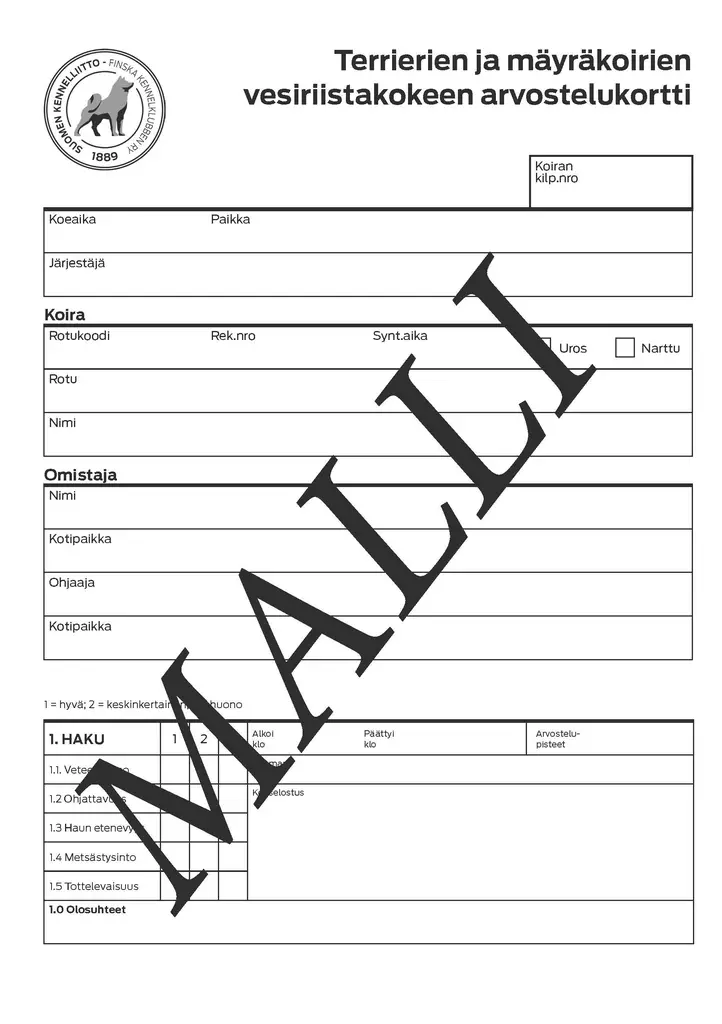 VERI, Vesiriista arvostelukortti - Metsästys - 405239 - 1